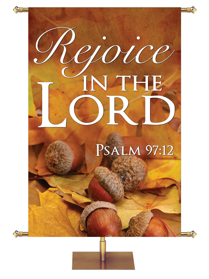 Rejoice in the Lord Design 2 Psalm 97:12 Church Banner for Fall and Thanksgiving with acorns and fall leaves