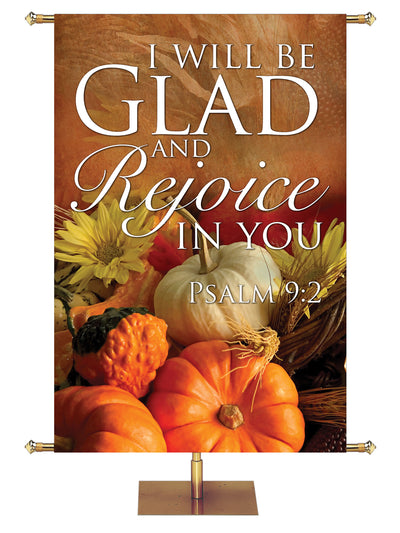 I Will Be Glad Design 3 Psalm 9:2 Church Banner for Fall and Thanksgiving with pumpkins