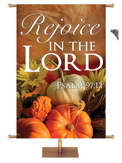 Rejoice in the Lord Design 4 Psalm 97:12 Church Banner for Fall and Thanksgiving with pumpkins