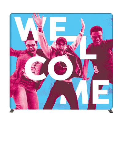 Church 8 ft. Tube Display Backdrop Set Community of Faith featuring community worshipers jumping for joy to welcome visitors. Customize with images of members of your community.