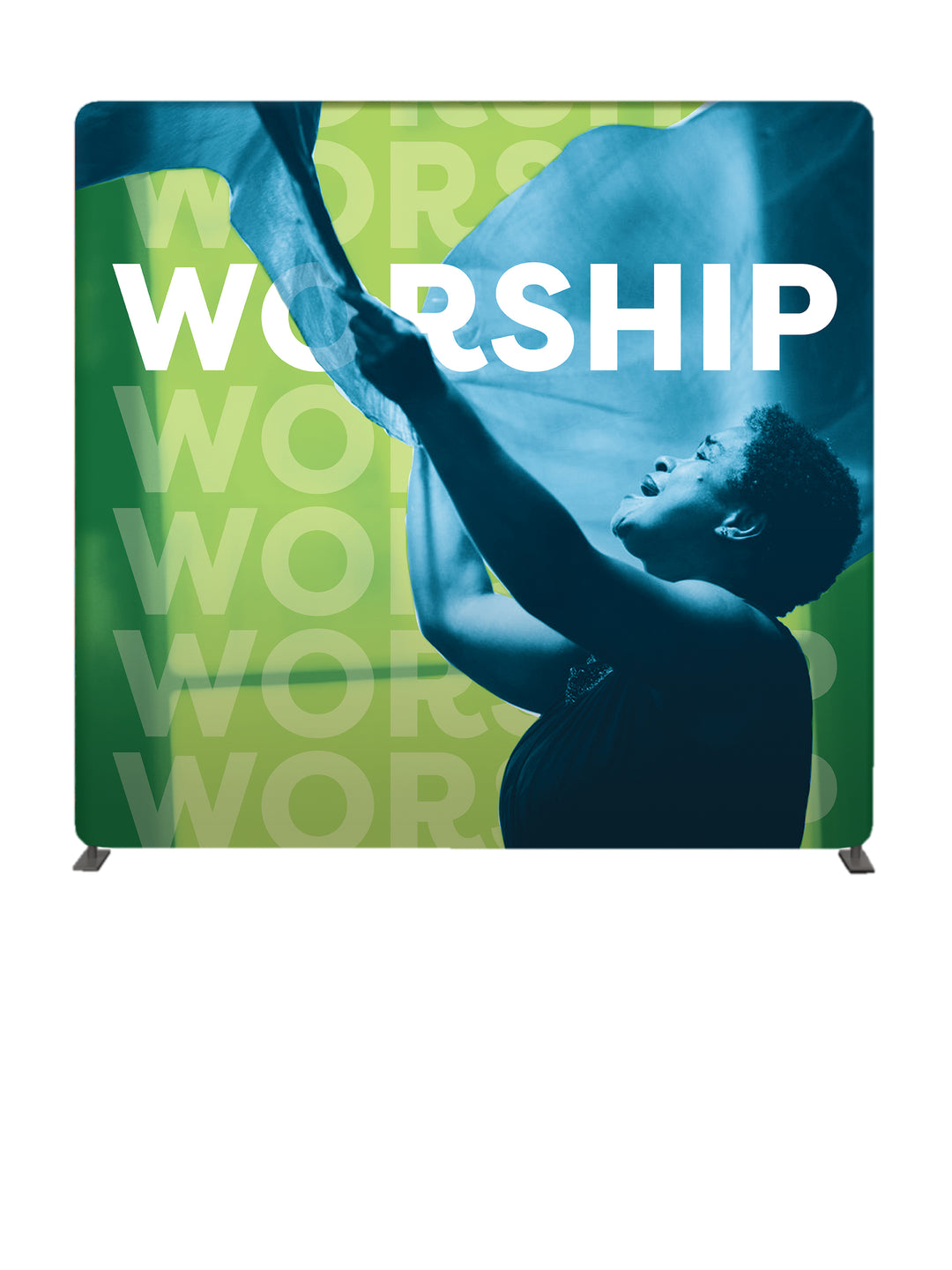 Church Tube Display 8ft. Backdrop Set Community of Faith Reach Out And Worship featuring worshiper with arms outstretched toward heaven