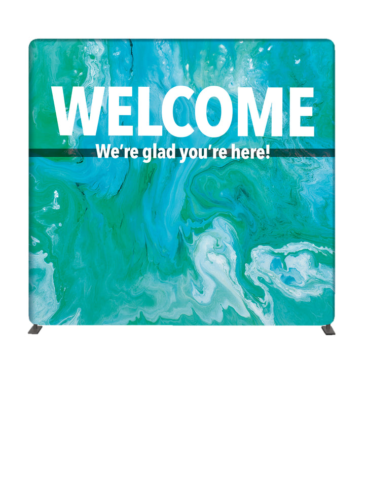 Church Welcome 8' Backdrop With Tube Display Stand. Gospel Impressions design in Blue, Purple, Red and Teal