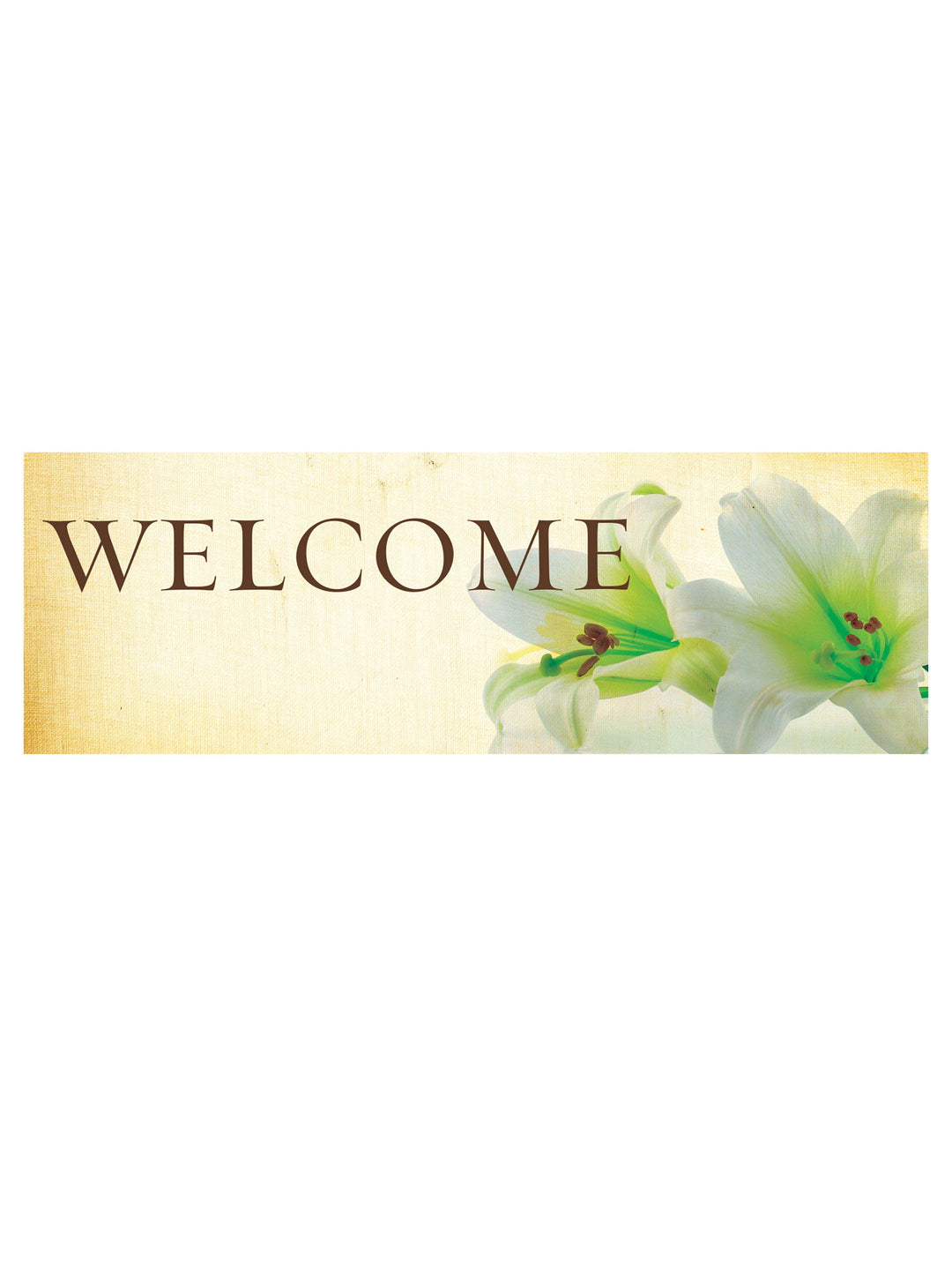 Custom Welcome Banner with horizontal layout with two Easter Lily Blooms on right edge of linen-look banner background