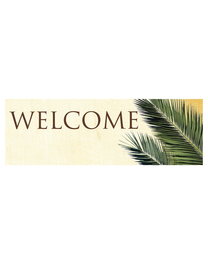 Custom Welcome Banner with Palm Sunday Palm on right side sloping up from right to left on linen-look banner background