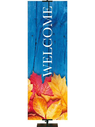 Fall Leaves and Blue Wooden Fence Stock Welcome Banner