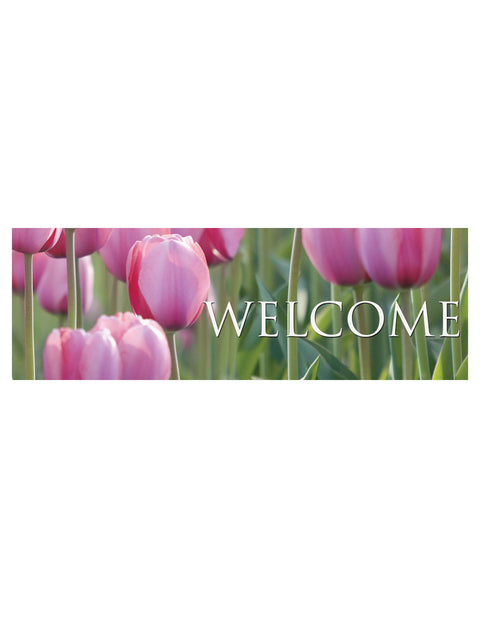 Custom Welcome Banner with horizontal layout with background of pink tulips