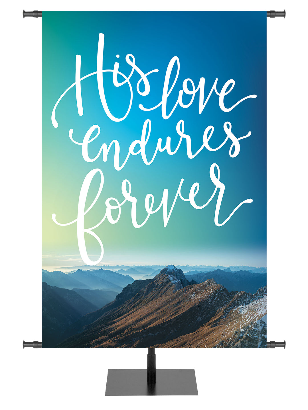 His Love Endures Forever Blue Rocky Mountains Church Banner