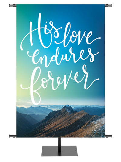 His Love Endures Forever Blue Rocky Mountains Church Banner