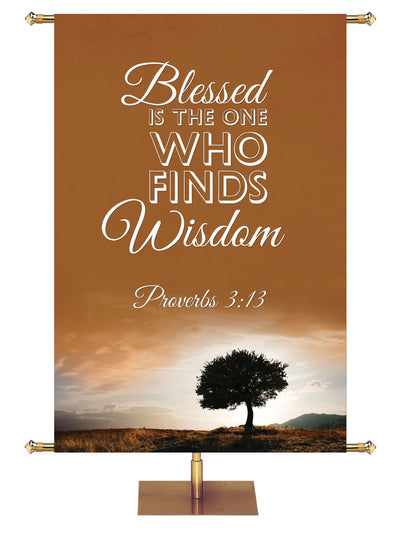 Who Finds Wisdom Banner Words of Wisdom Proverbs 3:13 in Blue, Green, Purple, Red, Sienna, Teal