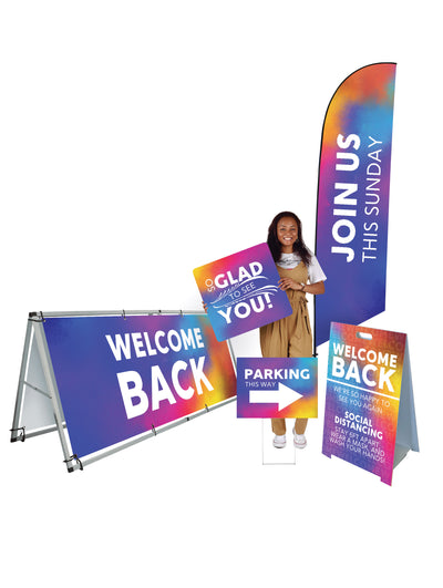 Outdoor Purple Wash Design Banner and Sign Bundle says "Welcome Back" on signs. Feather flags, yard signs, a frames, and outdoor signs in bundle. 