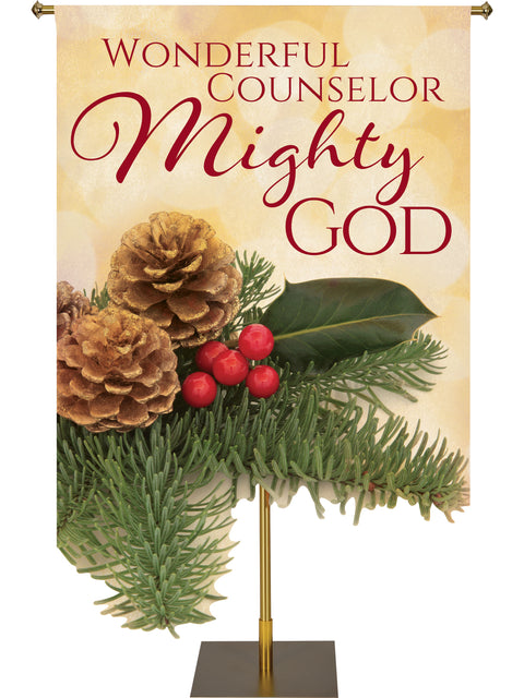 Contours Christmas Banner Mighty God with Sculpted Pine Cones with Berries