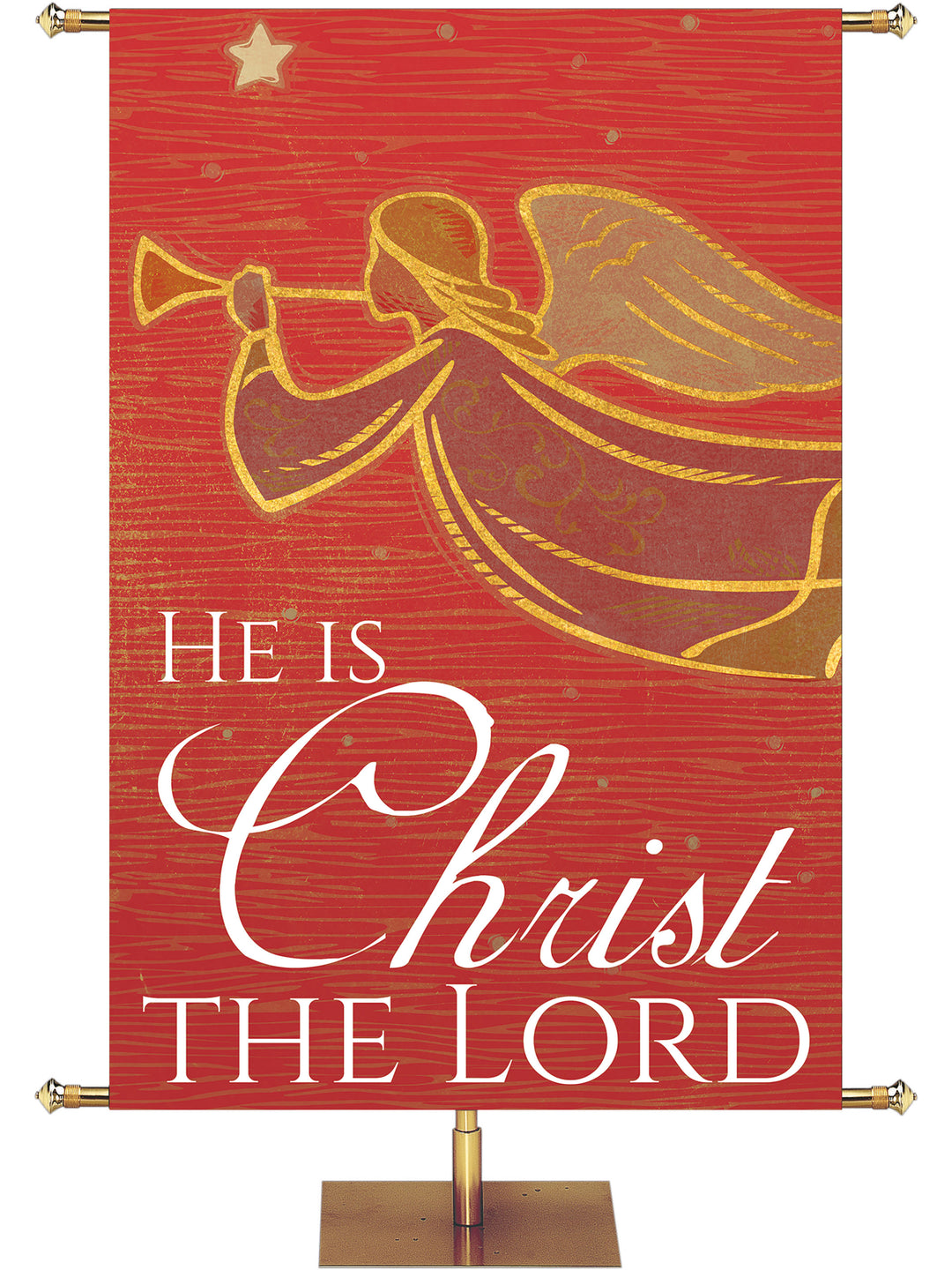 Church Banner for Christmas He Is Christ The Lord Herald Angel and New Star with warm rustic tones in blue, red, or green
