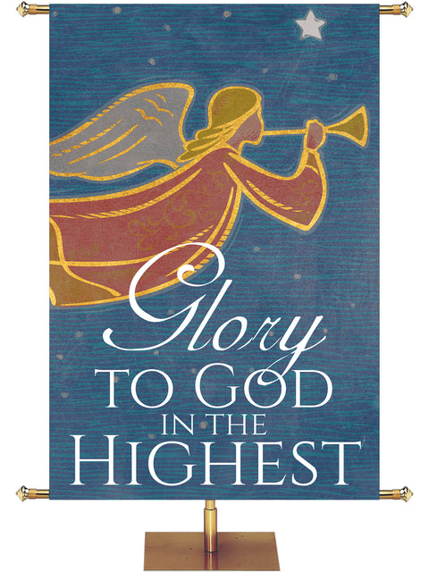 Church Banner for Christmas Glory To God  Herald Angel and New Star with warm rustic tones in blue, red, or green
