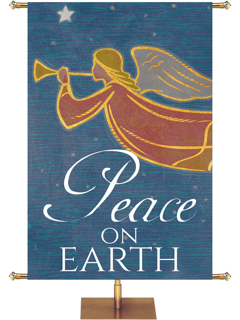 Church Banner for Christmas Peace On Earth Herald Angel and New Star with warm rustic tones in blue, red, or green