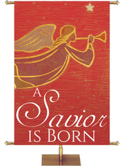 Church Banner for Christmas A Savior Is Born Herald Angel and New Star with warm rustic tones in blue, red, or green