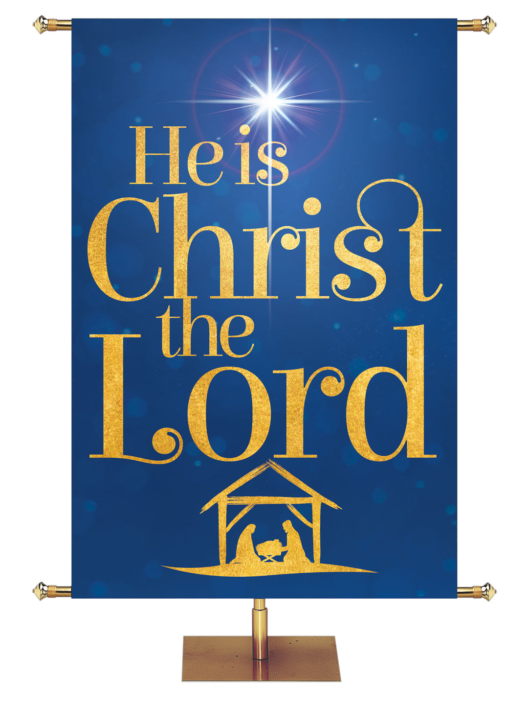 Church Banner for Christmas He is Christ the Lord with New Star above Nativity with sparkling gold graphics in red, blue, purple and green and nine sizes