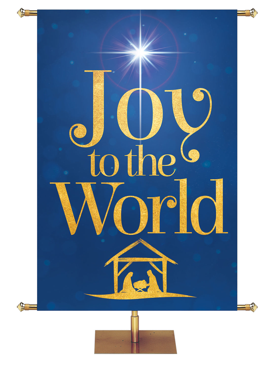 Church Banner for Christmas Joy to the World with New Star above Nativity with sparkling gold graphics in red, blue, purple and green and nine sizes