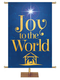 Church Banner for Christmas Joy to the World with New Star above Nativity with sparkling gold graphics in red, blue, purple and green and nine sizes