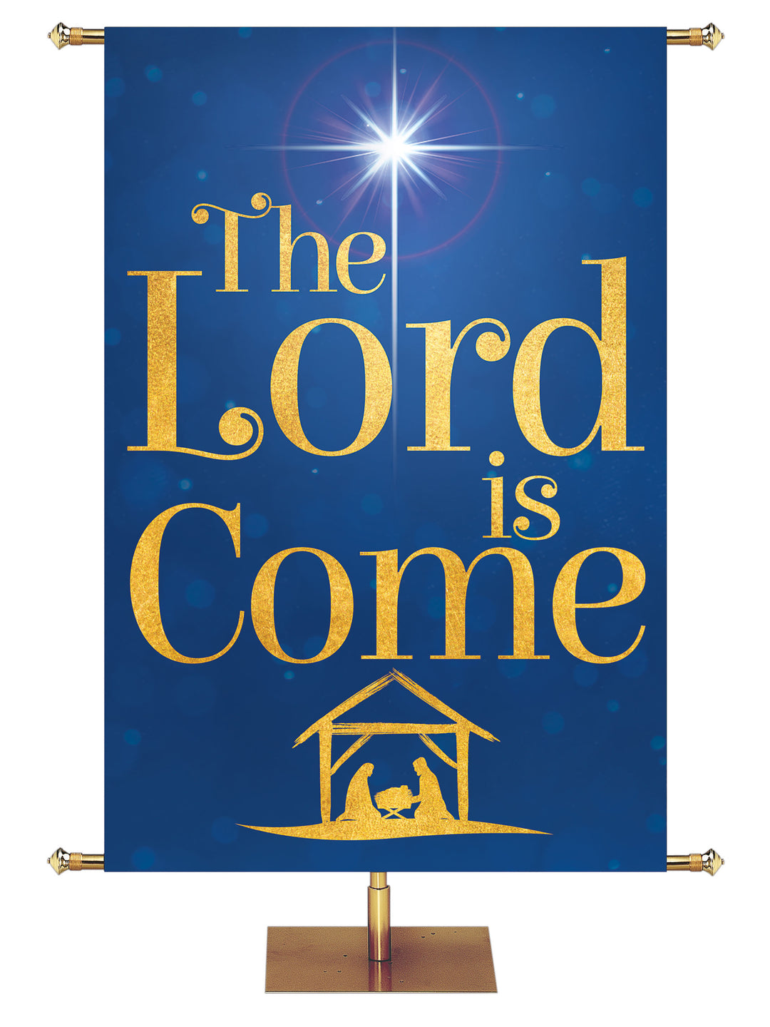 Church Banner for Christmas The Lord is Come with New Star above Nativity with sparkling gold graphics in red, blue, purple and green and nine sizes