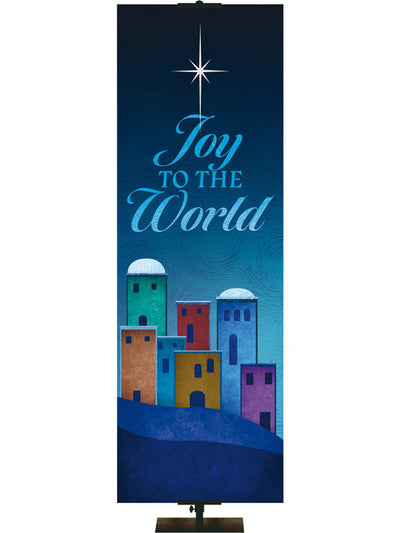 Church Banner for Christmas. Scenes of Christmas. Joy to the World. Silhouette of Bethlehem in blues and golds.