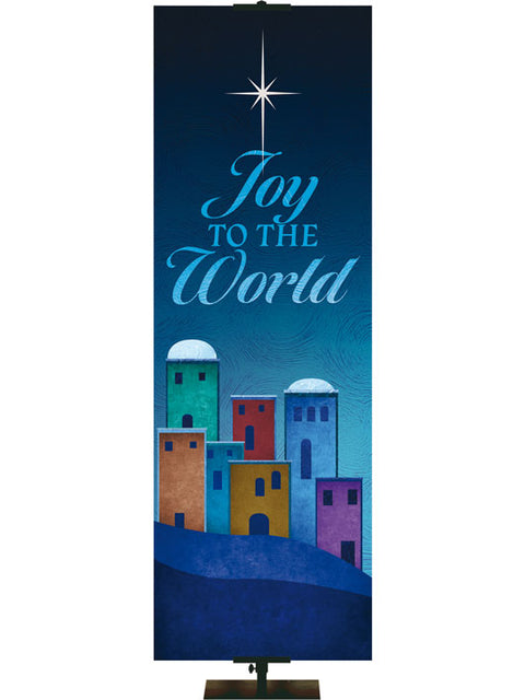 Church Banner for Christmas. Scenes of Christmas. Joy to the World. Silhouette of Bethlehem in blues and golds.