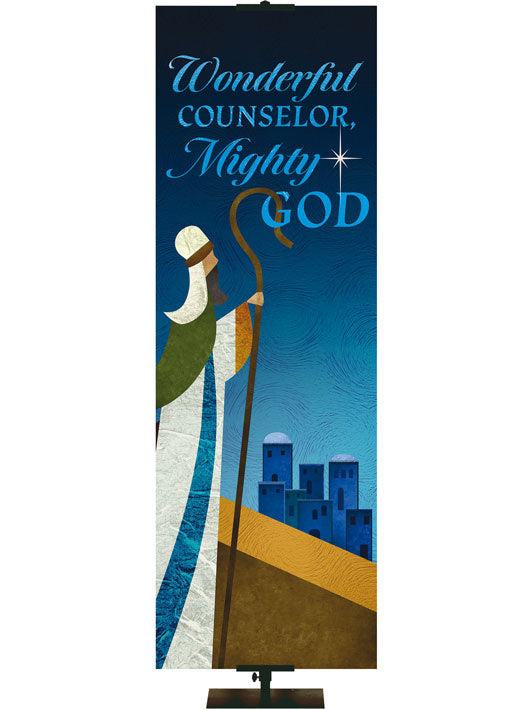 Christmas Banner for Church. Scenes of Christmas. Wonderful Counselor Mighty God. Shepherds and town of Bethlehem in subtle gold and blues with the new star.