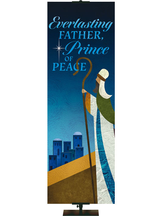 Christmas Church Banner. Scenes of Christmas. Everlasting Father Prince of Peace. Shepherd and town of Bethlehem lighted by the new star in blues and muted golds.