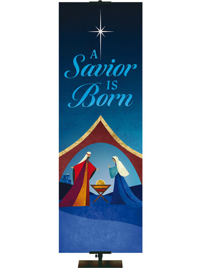 Church Banner for Christmas. Scenes of Christmas. A Savior is Born with silhouette of the Manger scene in blue, gold and orange.