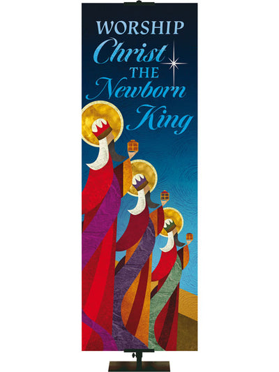 Christmas Church Banner. Scenes of Christmas. Worship Christ the Newborn King. Image of the three Wise Men in blue, red and purple.