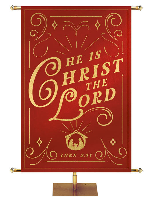 He is Christ the Lord Luke 2:11 Church Banner for Christmas in Green or Red. Manger scene bottom center and gold border