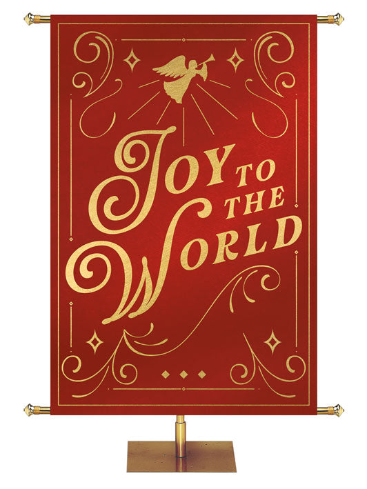 Joy to the World Church Banner Shimmering Christmas in Green or Red with Angel and trumpet top center and border in gold