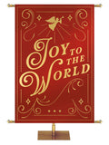 Joy to the World Church Banner Shimmering Christmas in Green or Red with Angel and trumpet top center and border in gold