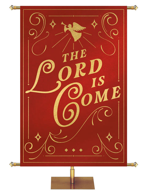 The Lord is Come. Church Banner Shimmering Christmas in Green or Red with Angel and trumpet and border of gold accents