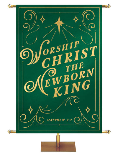 Worship Christ the Newborn King Matthew 2:2 Church Banner for Christmas in Green or Red with New Star and gold border