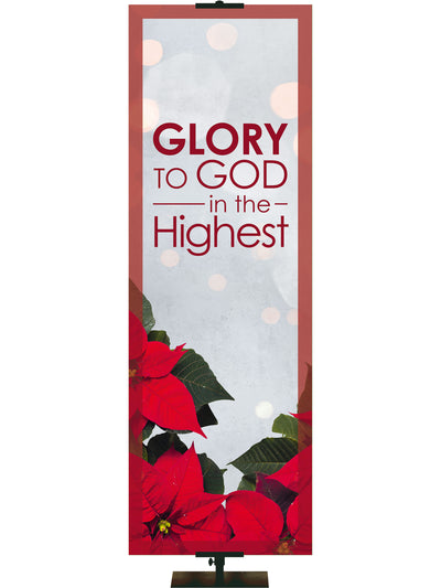 Glory to God Christmas Banner with red poinsettias on whimsical blue Banner with red border