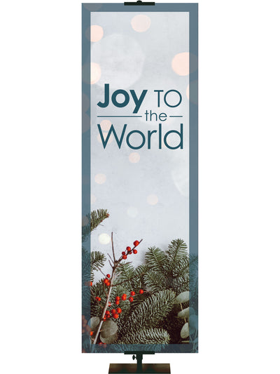 Joy to the World Christmas Banner with pine boughs and berries on whimsical blue Banner with frosty blue border