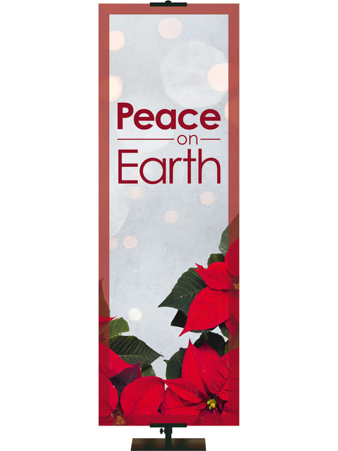 Peace on Earth Christmas Banner with red poinsettias on fanciful blue Banner with red border