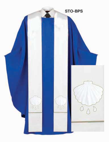 White satin shell design appliqued on lower portions of white stole panels